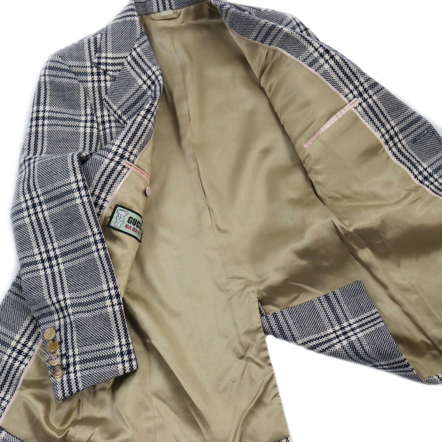 GUCCI tailored jacket 712855 Outer material: 54% wool, 33% cotton, 7% linen, 6% polyamide (nylon), 100% rayon lining, 100% cupra sleeve lining, 100% cotton pocket lining Blue Ivory HA HA HA CHECK JACKET mens 46 Used
