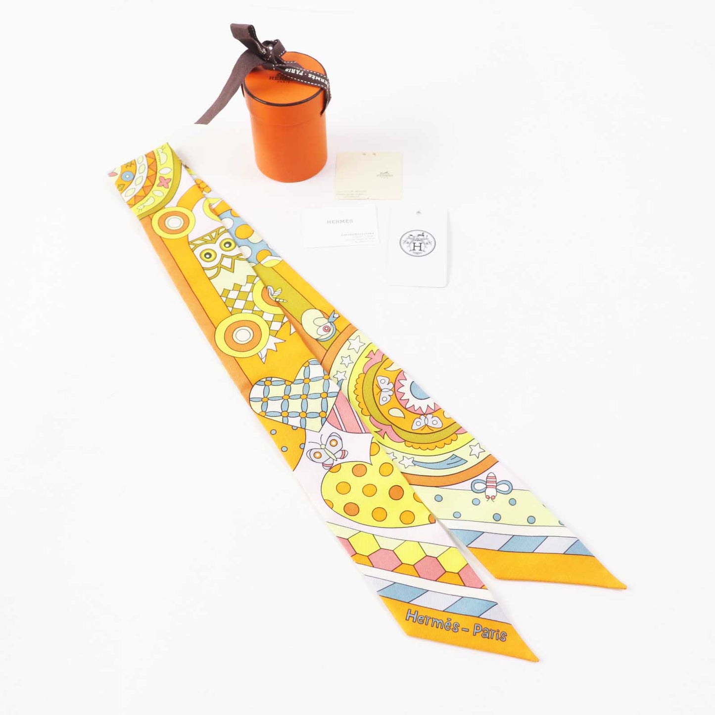 HERMES scarf silk Orange/Jaune vif/Vert de Gris Twilly Les Murmures de la Foret Whispering in the Forest