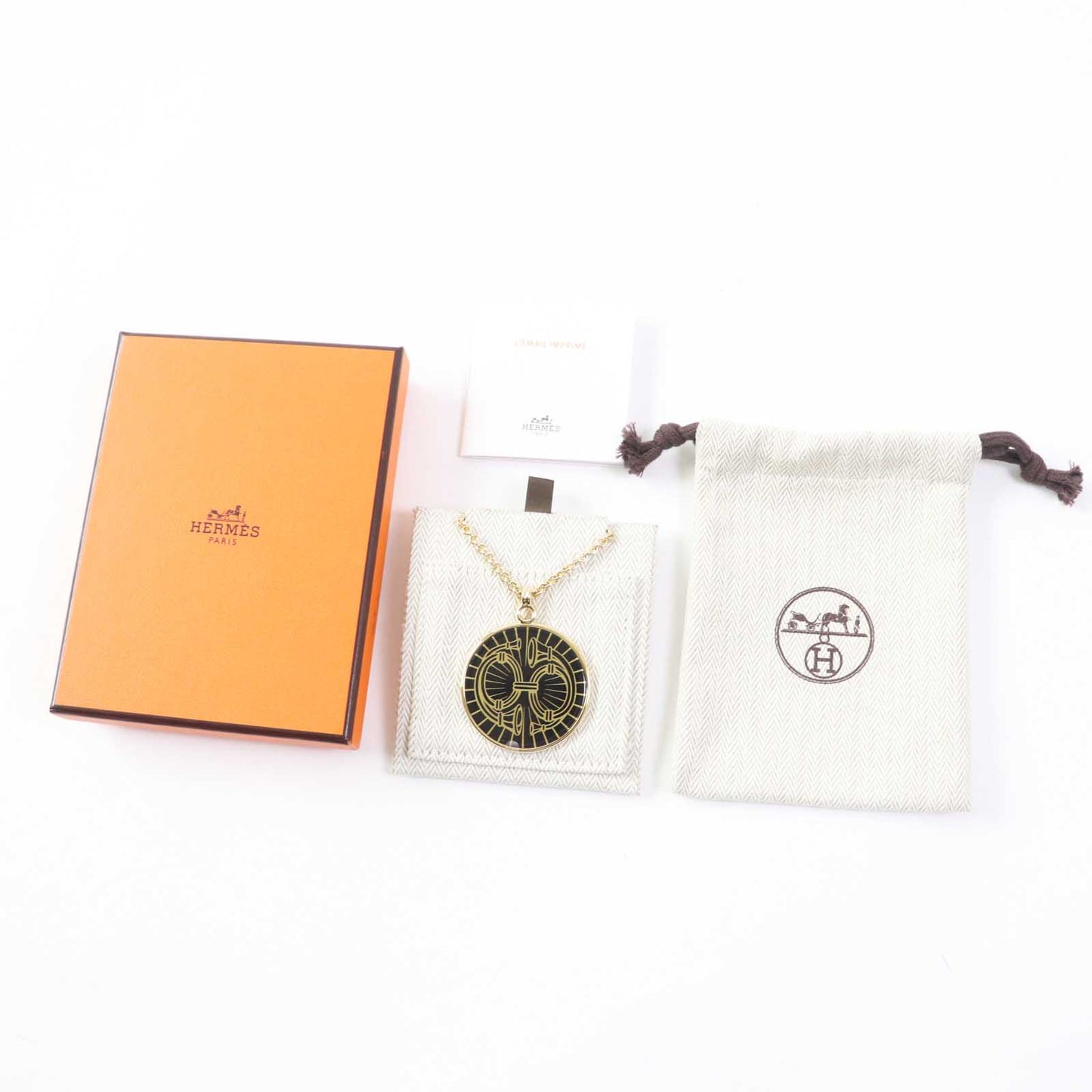HERMES Necklace Gold Plated Gold black Medaille Quadriage GM