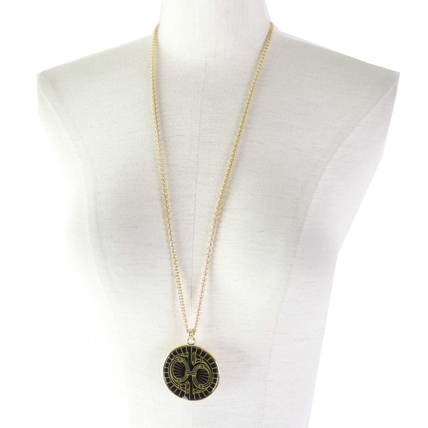 HERMES Necklace Gold Plated Gold black Medaille Quadriage GM