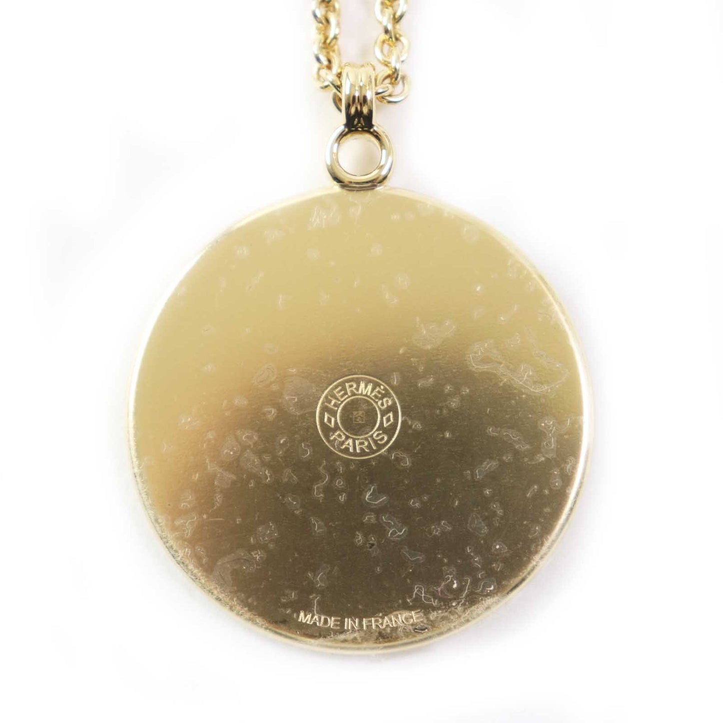 HERMES Necklace Gold Plated Gold black Medaille Quadriage GM
