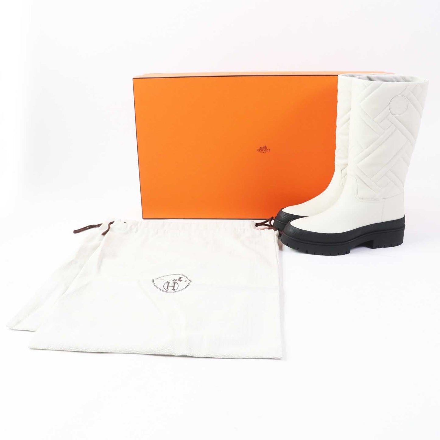 HERMES Knee-high boots Calfskin Rubber Light beige type Black FUJI Women 36 Used