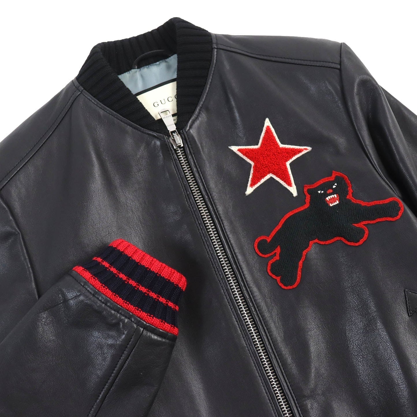 GUCCI Bomber jacket 454035 Cowhide Black red Panther 44