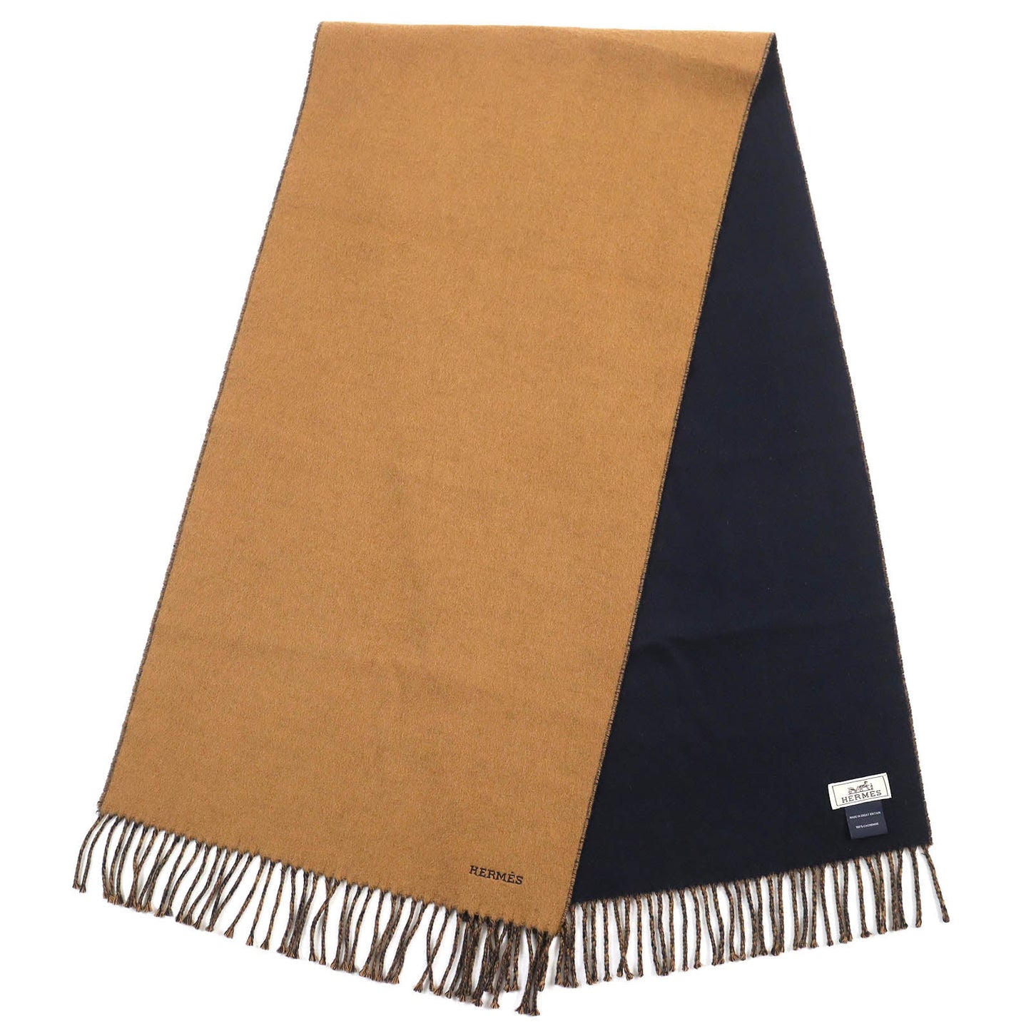 HERMES Scarf Main: 100% cashmere Brown Dark Navy Recto Verso mens Used