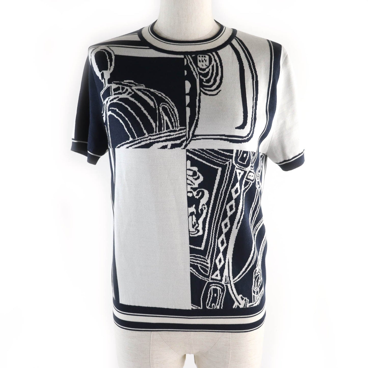 HERMES Short sleeve knit silk Navy white chaos 38