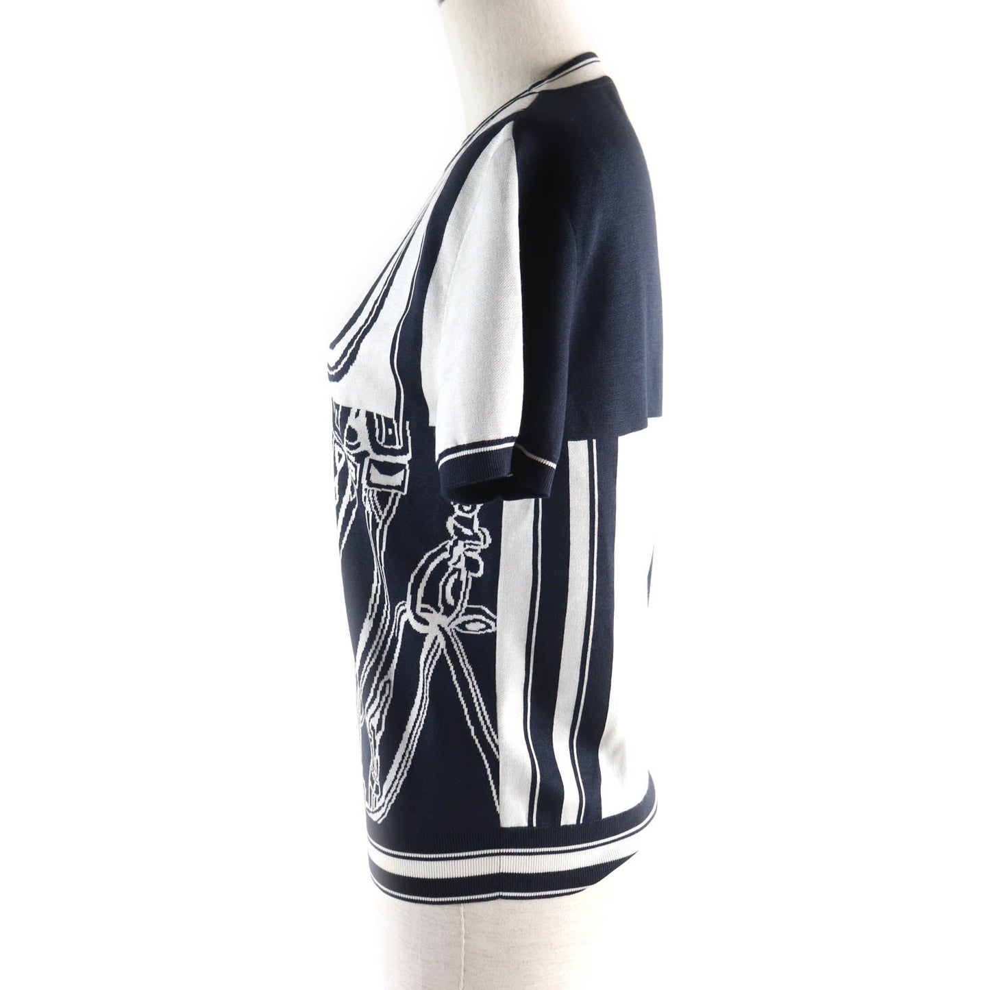 HERMES Short sleeve knit silk Navy white chaos 38