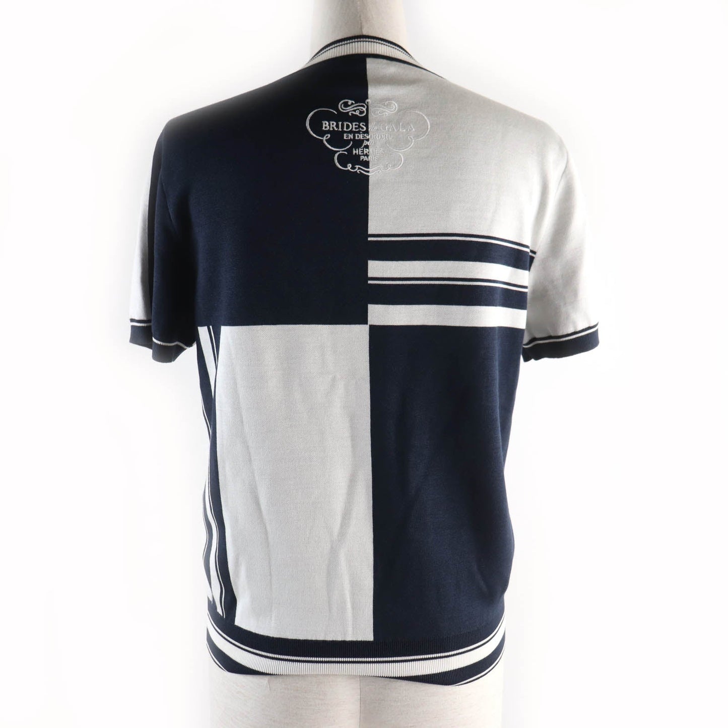 HERMES Short sleeve knit silk Navy white chaos 38