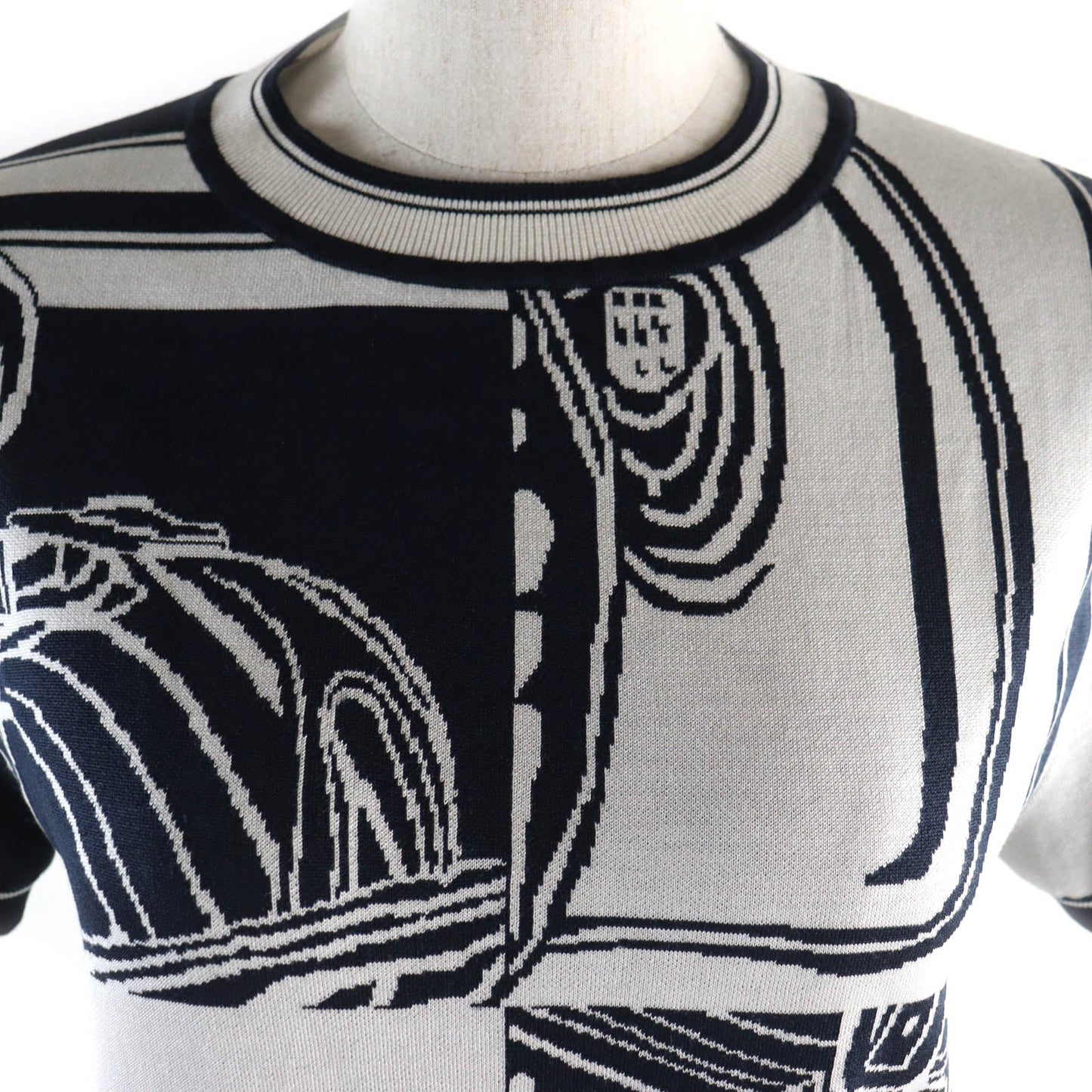 HERMES Short sleeve knit silk Navy white chaos 38