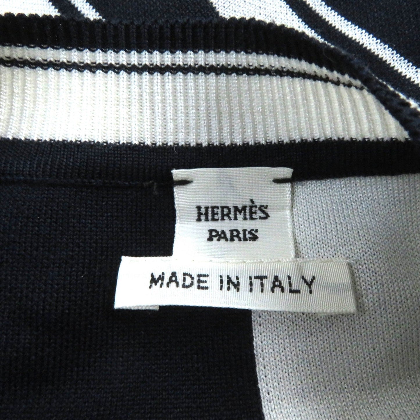 HERMES Short sleeve knit silk Navy white chaos 38