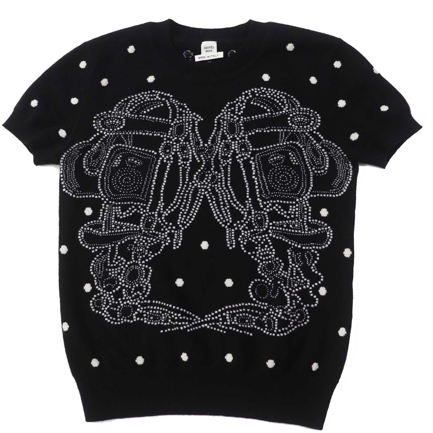 HERMES Short sleeve knit cashmere Black White BRIDES de GALA Ceremony Bridle 34