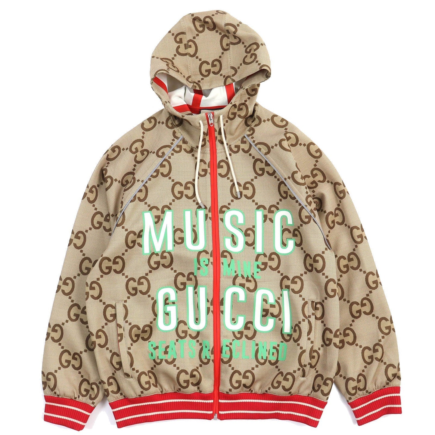 GUCCI 676466 Main: 85% polyester, Main: 15% elastane (polyurethane), Trimming: 93% polyester, 5% polyamide, 2% elastane, Partial: 80% polyamide, 20% elastane Beige green red 100th Anniversary Neoprene mens M Used