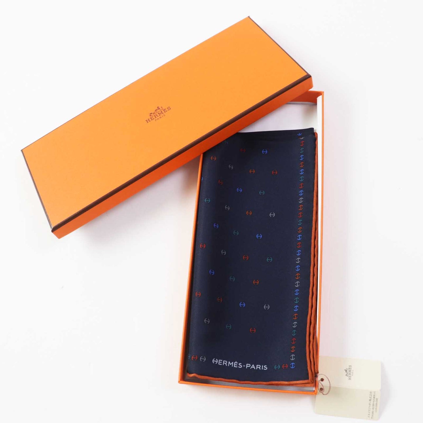 HERMES handkerchief 100% silk Navy H Tonneau Multicolor