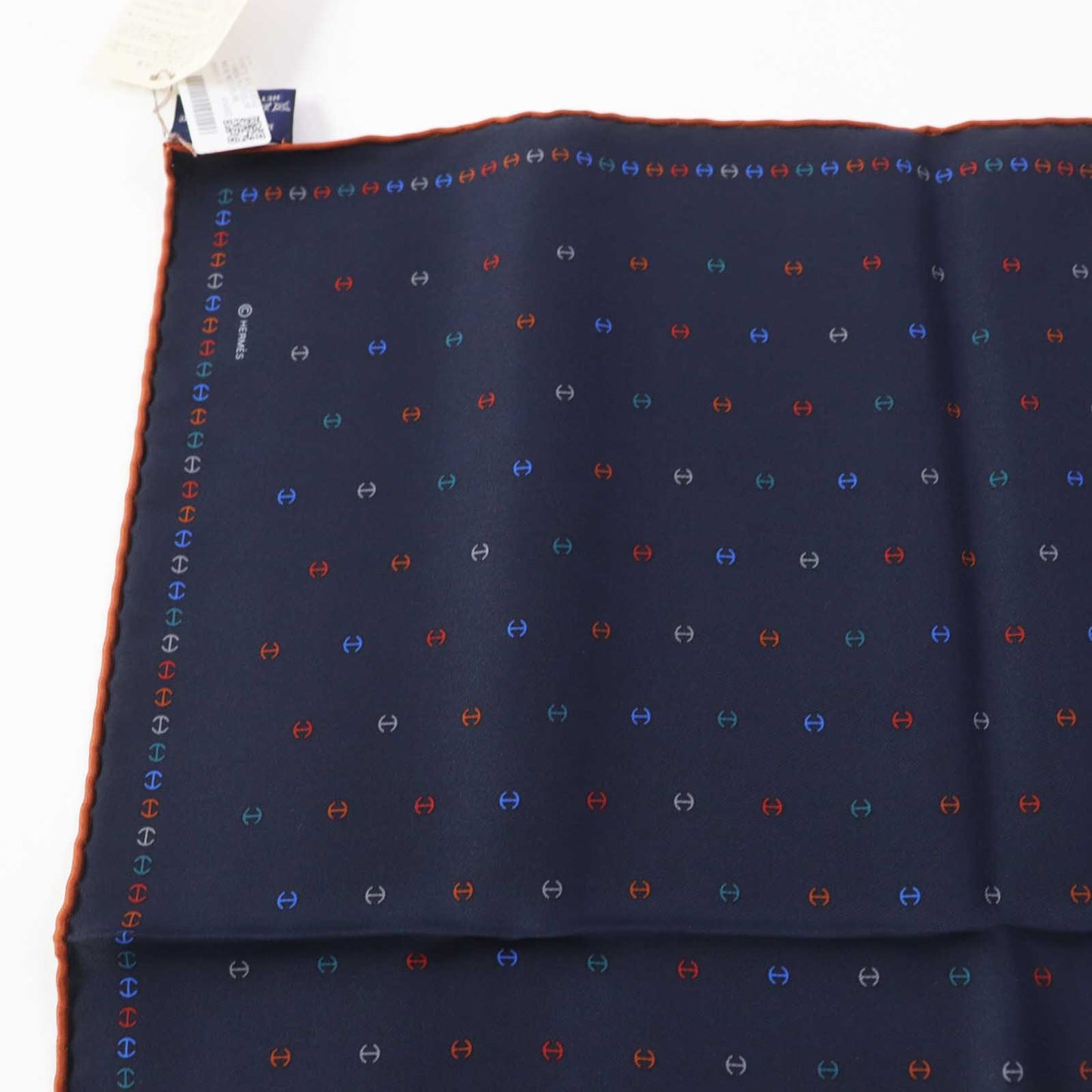 HERMES handkerchief 100% silk Navy H Tonneau Multicolor