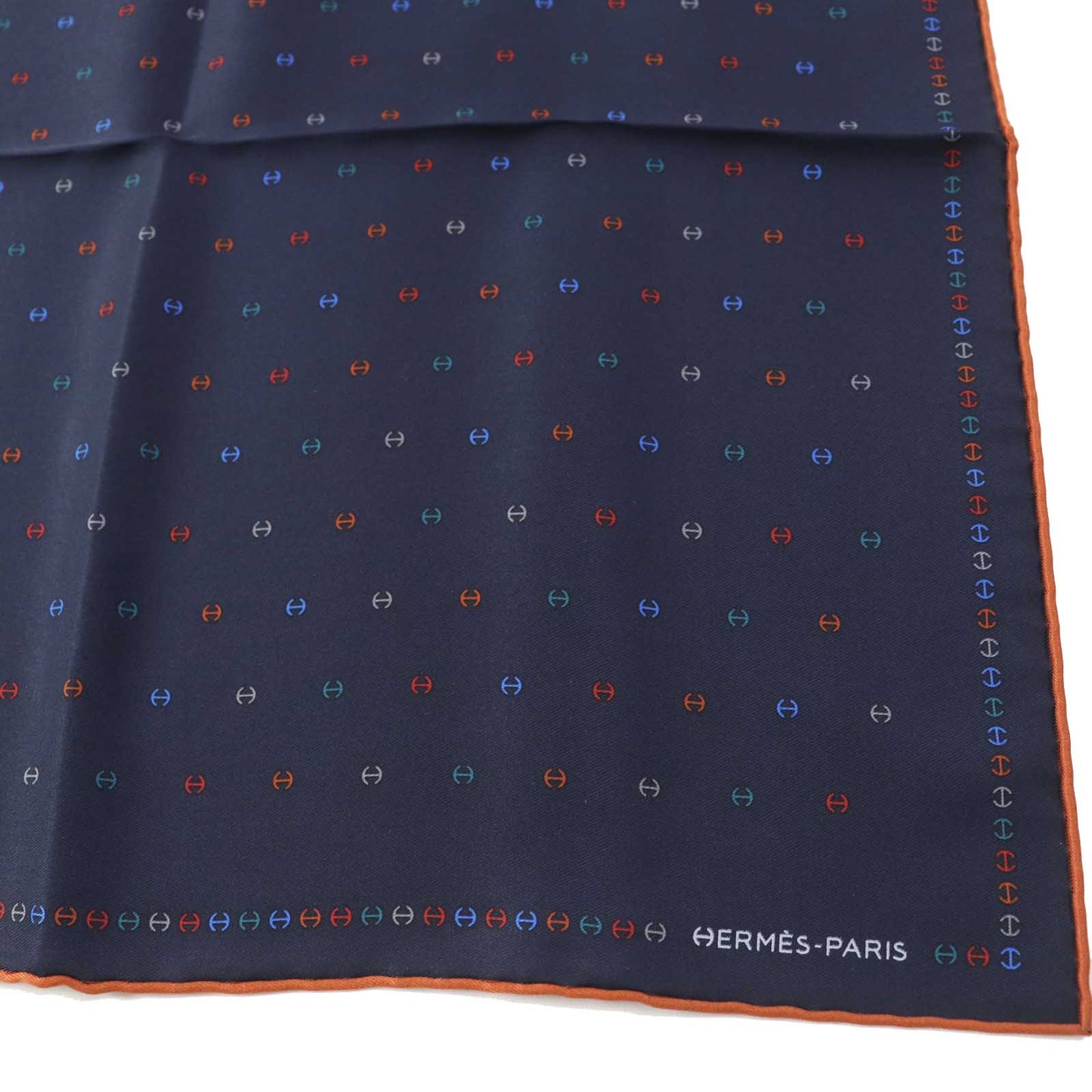 HERMES handkerchief 100% silk Navy H Tonneau Multicolor