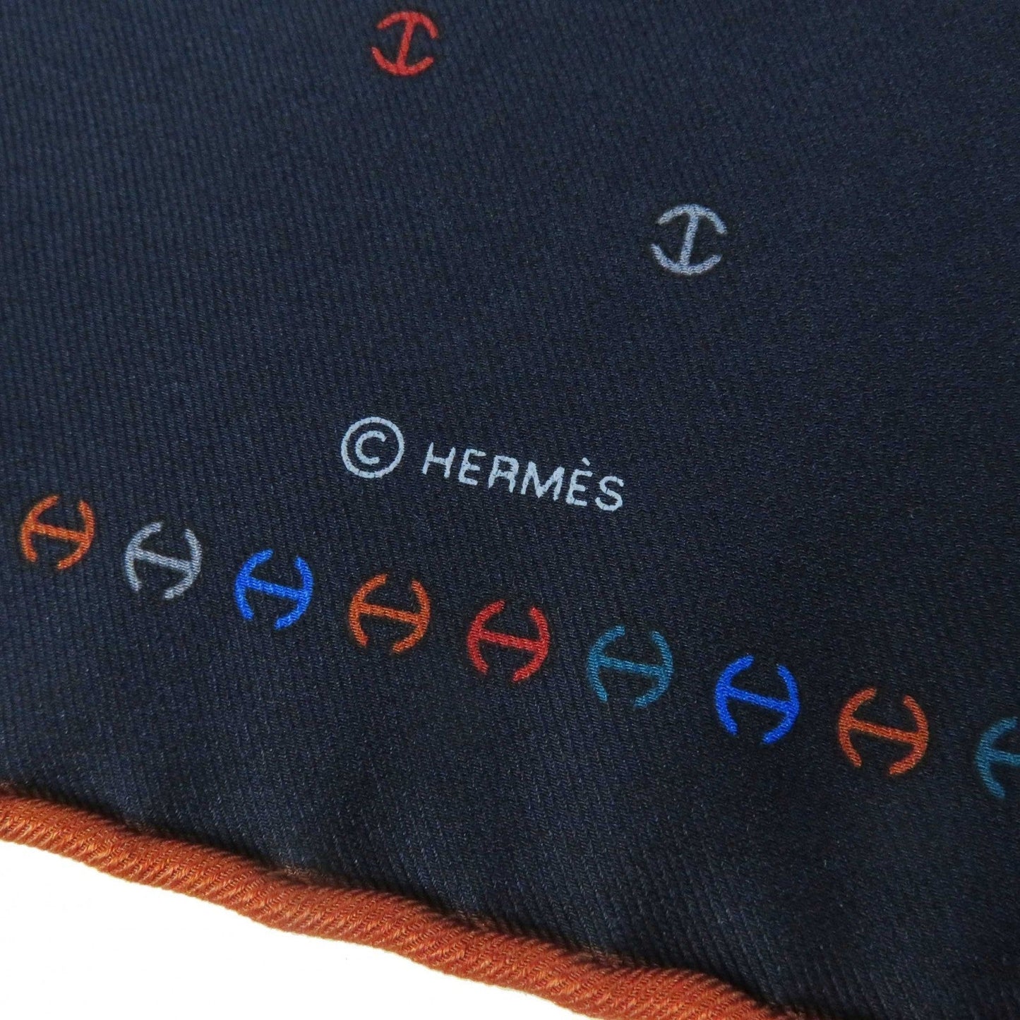 HERMES handkerchief 100% silk Navy H Tonneau Multicolor