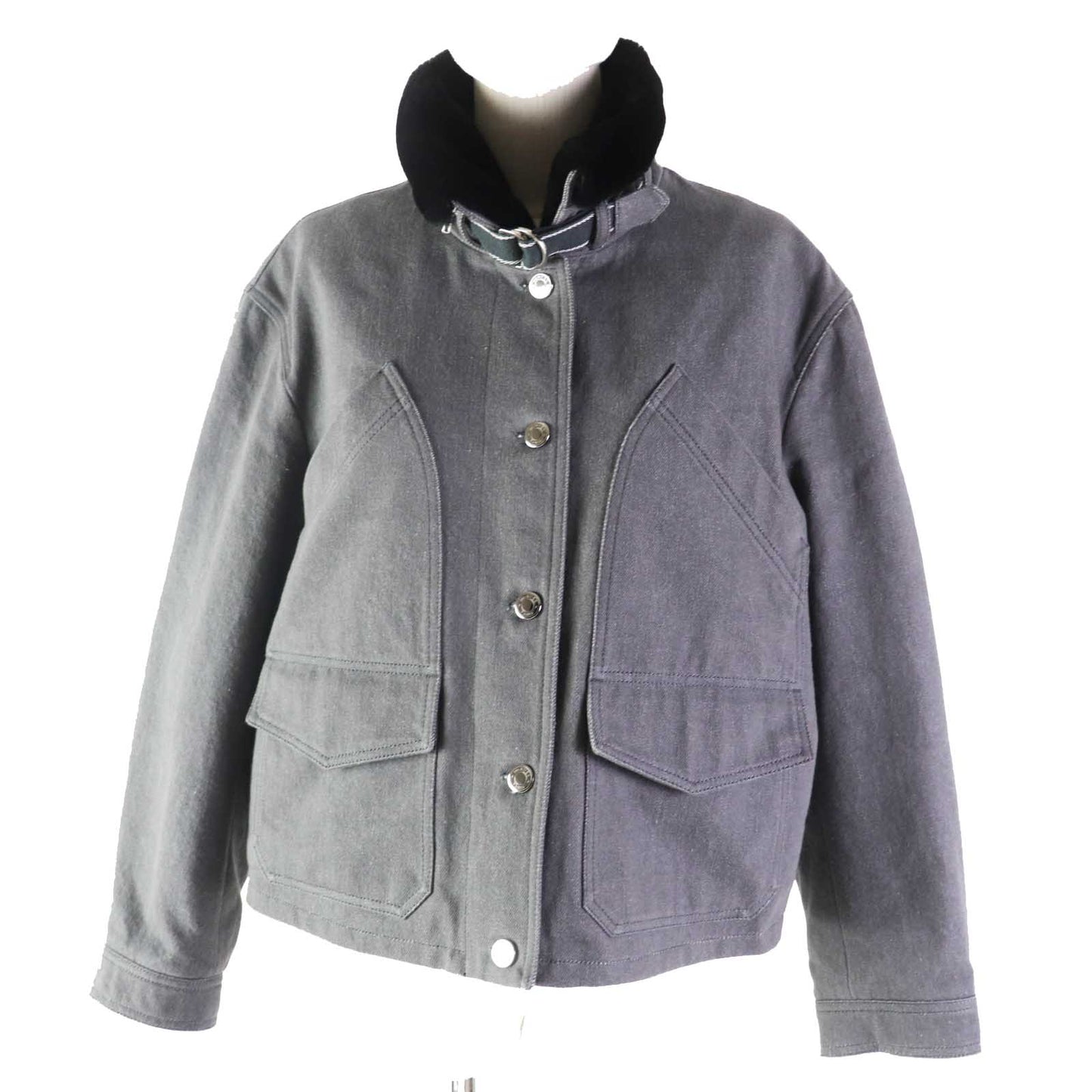 HERMES Denim Jacket H2H0255DTW638 Outer: 100% cotton, Filling: 95% polyester, Filling: 5% nylon, Lining: 92% wool, Lining: 8% cashmere, Lining: 100% polyester Decoration: 100% cotton Fur: sheepskin Leather: cowhide gray Women 36 Used