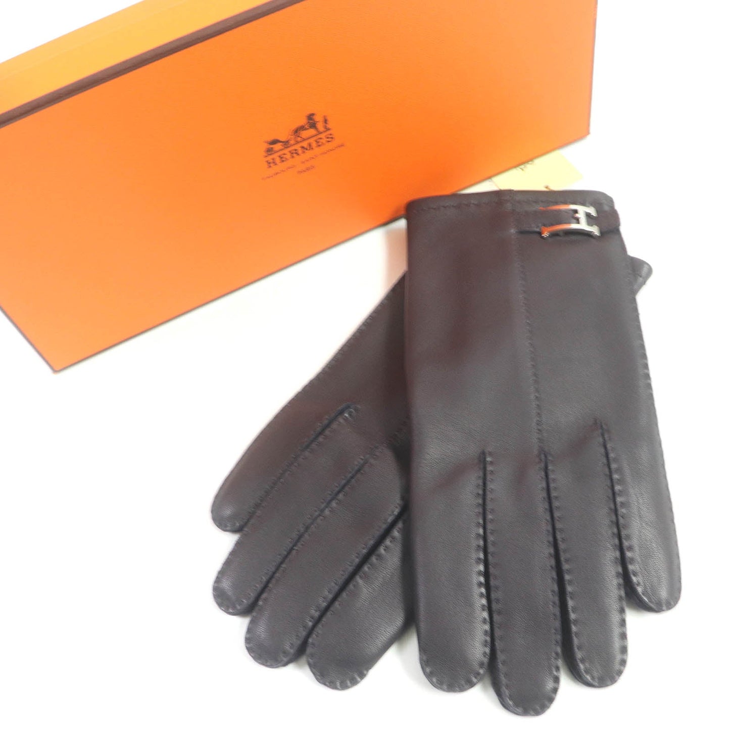 HERMES gloves Lamb leather Dark brown 8