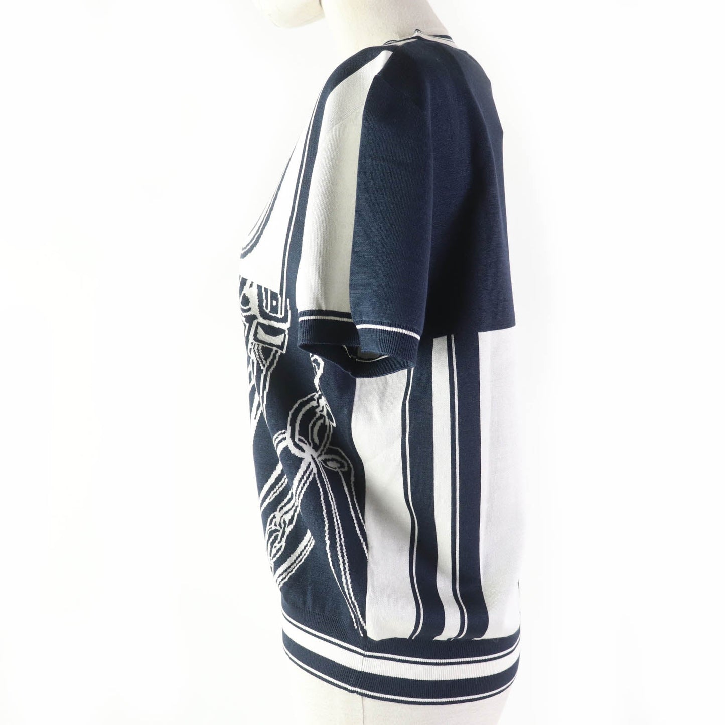 HERMES Short sleeve knit 4E2654D6 silk Navy white Knit jacquard chaos 42