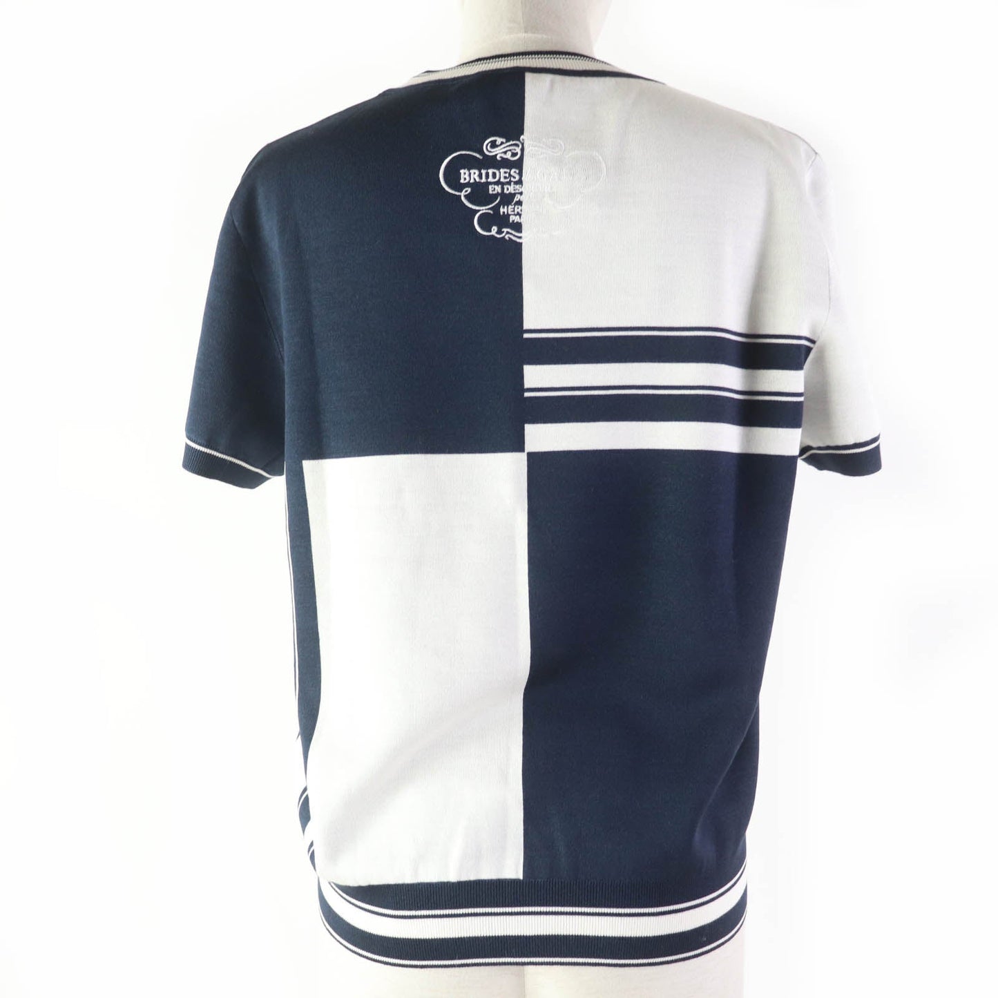 HERMES Short sleeve knit 4E2654D6 silk Navy white Knit jacquard chaos 42