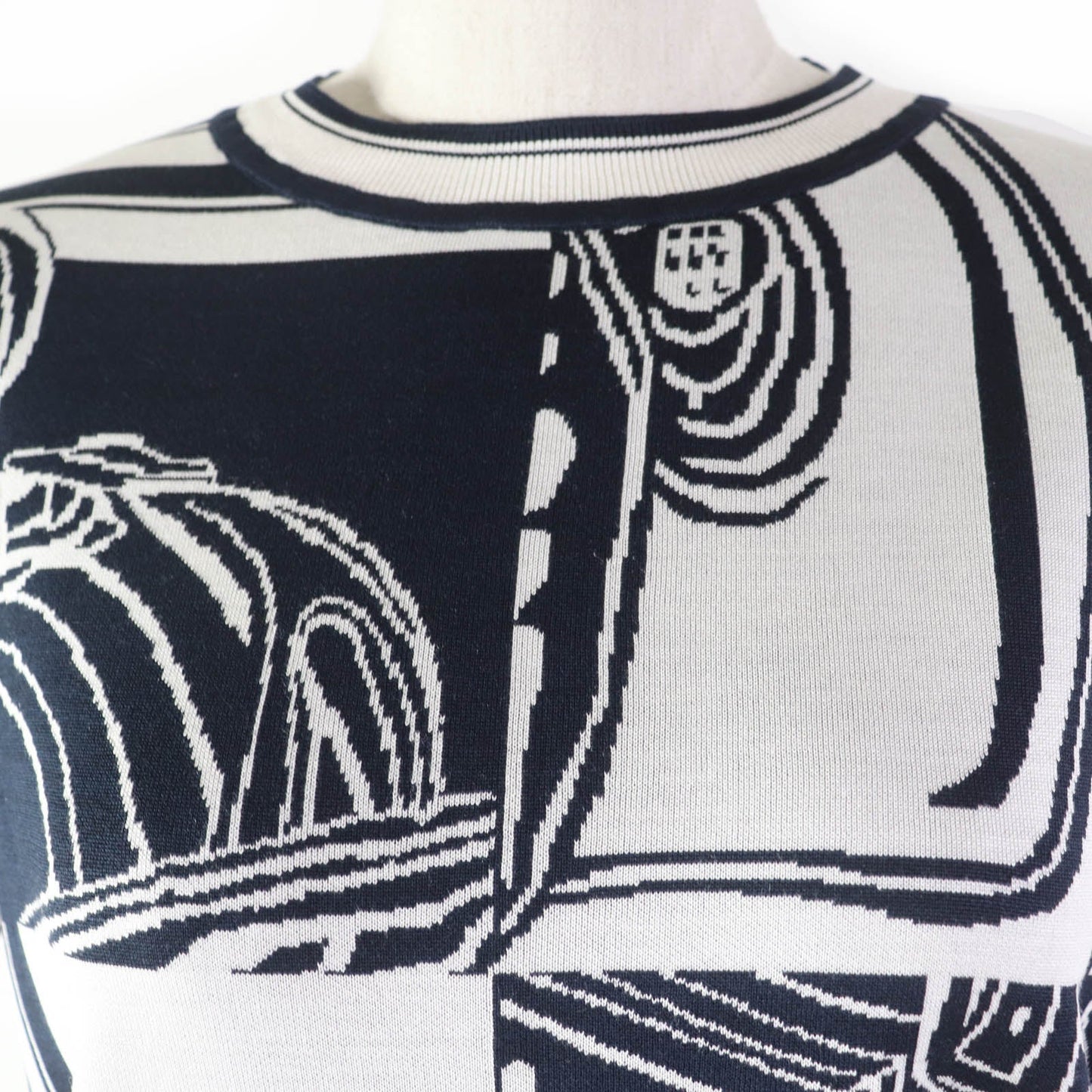 HERMES Short sleeve knit 4E2654D6 silk Navy white Knit jacquard chaos 42
