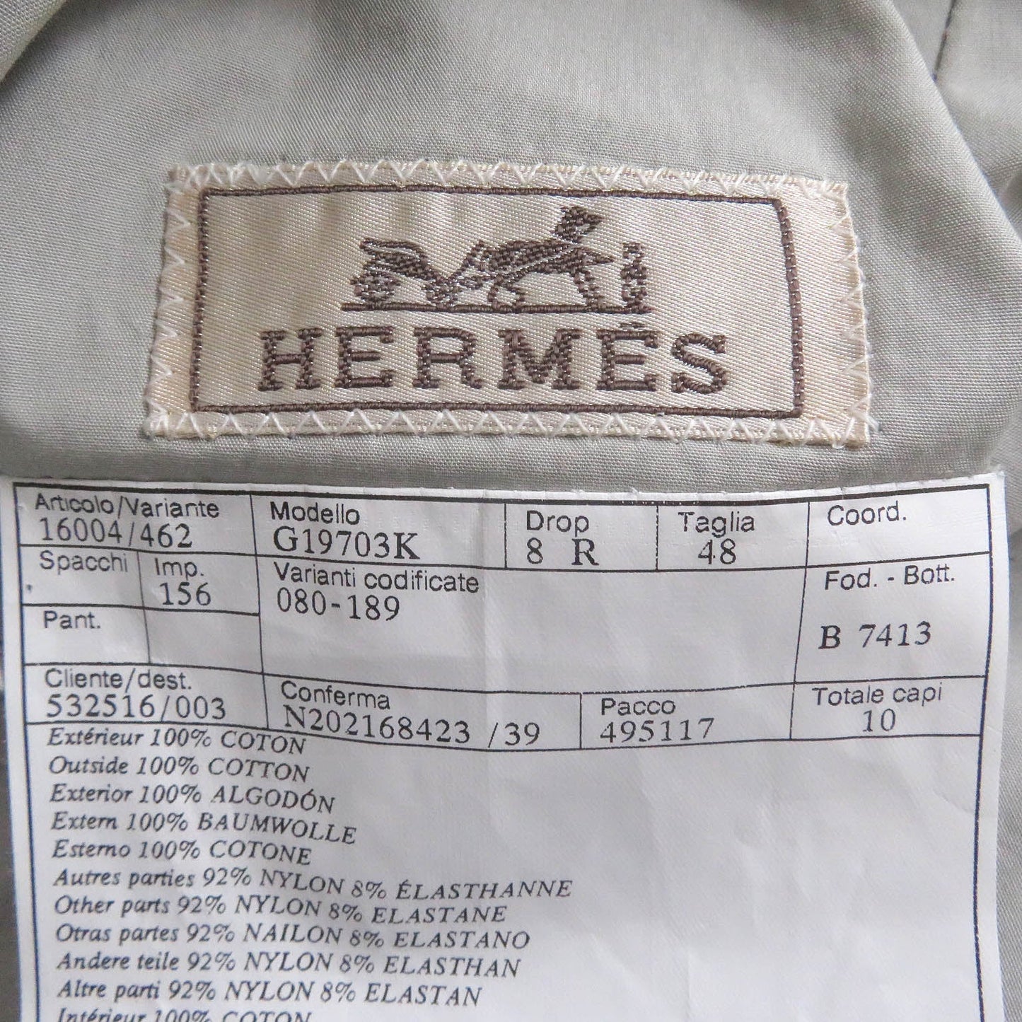 HERMES tailored jacket G19703K Main: 100% cotton, some parts: 92% nylon, some parts: 8% elastane (polyurethane) gray mens 48 Used