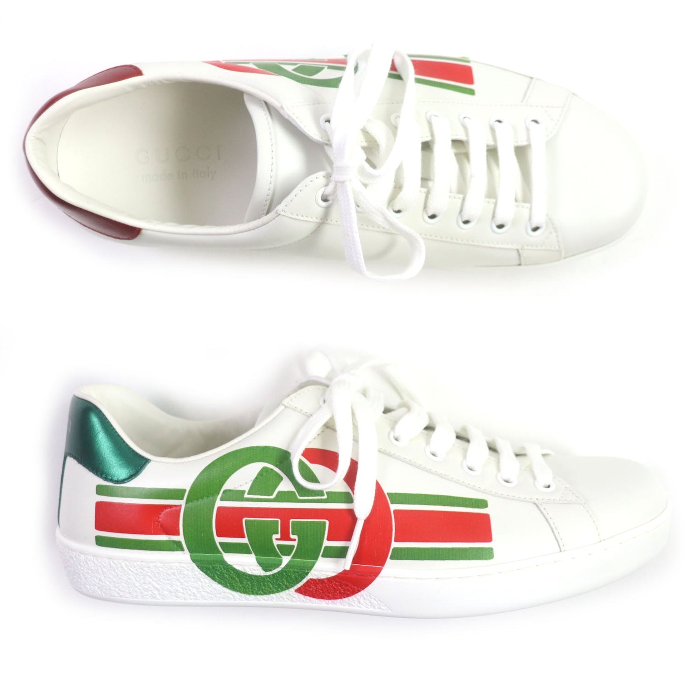 GUCCI Low cut sneakers 576136 Main: Leather White Green Red Ace Interlocking G mens 7 Used