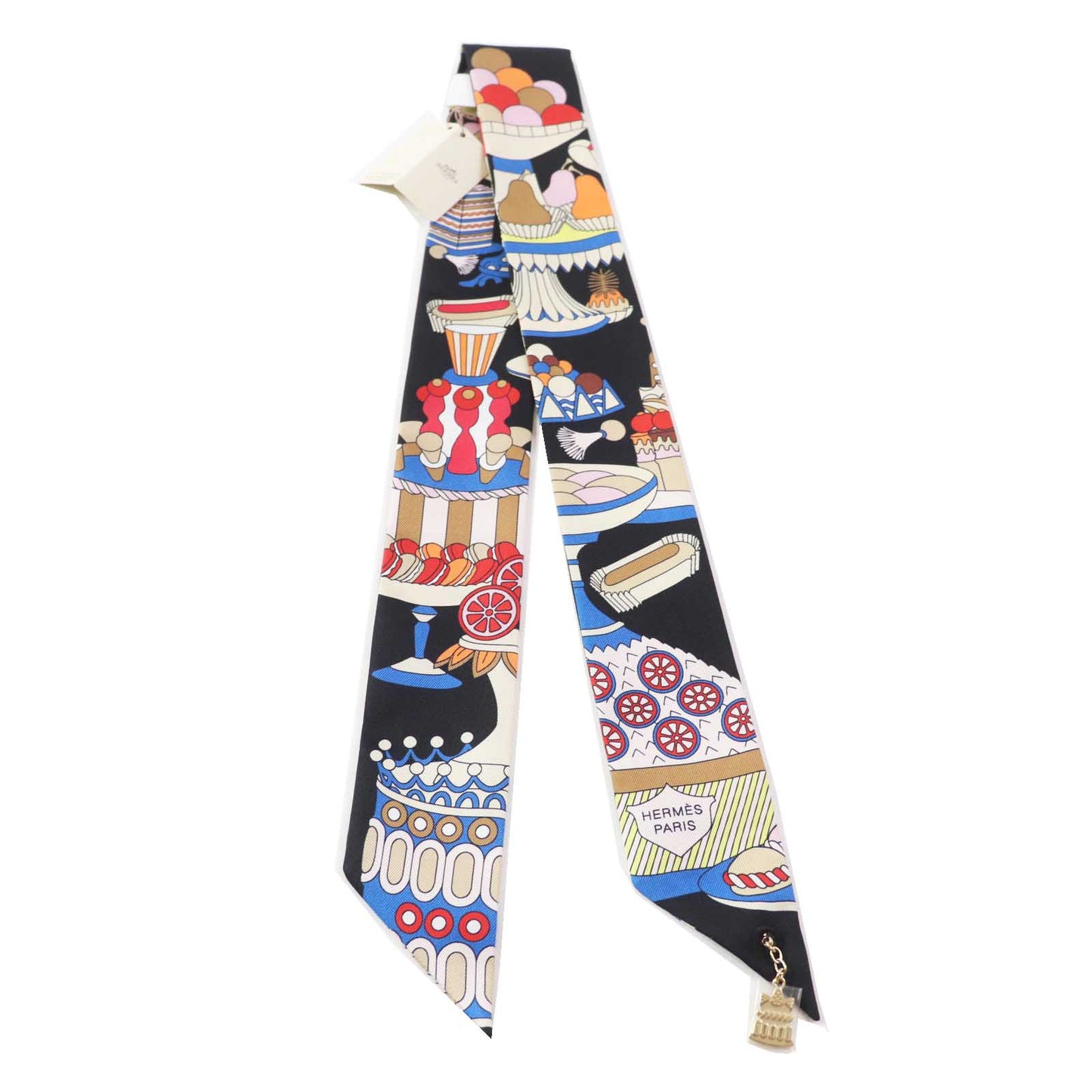 HERMES scarf silk black multi LA PATISSERIE FRANCAISE