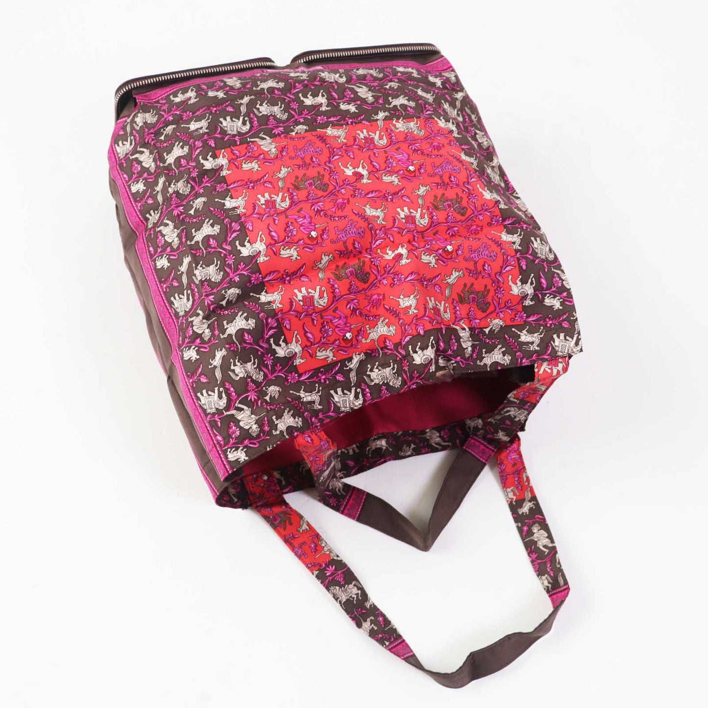 HERMES Tote Bag Buffle Skipper Silk Chocolat Silky pop Chasse En Inde Indian Hunting
