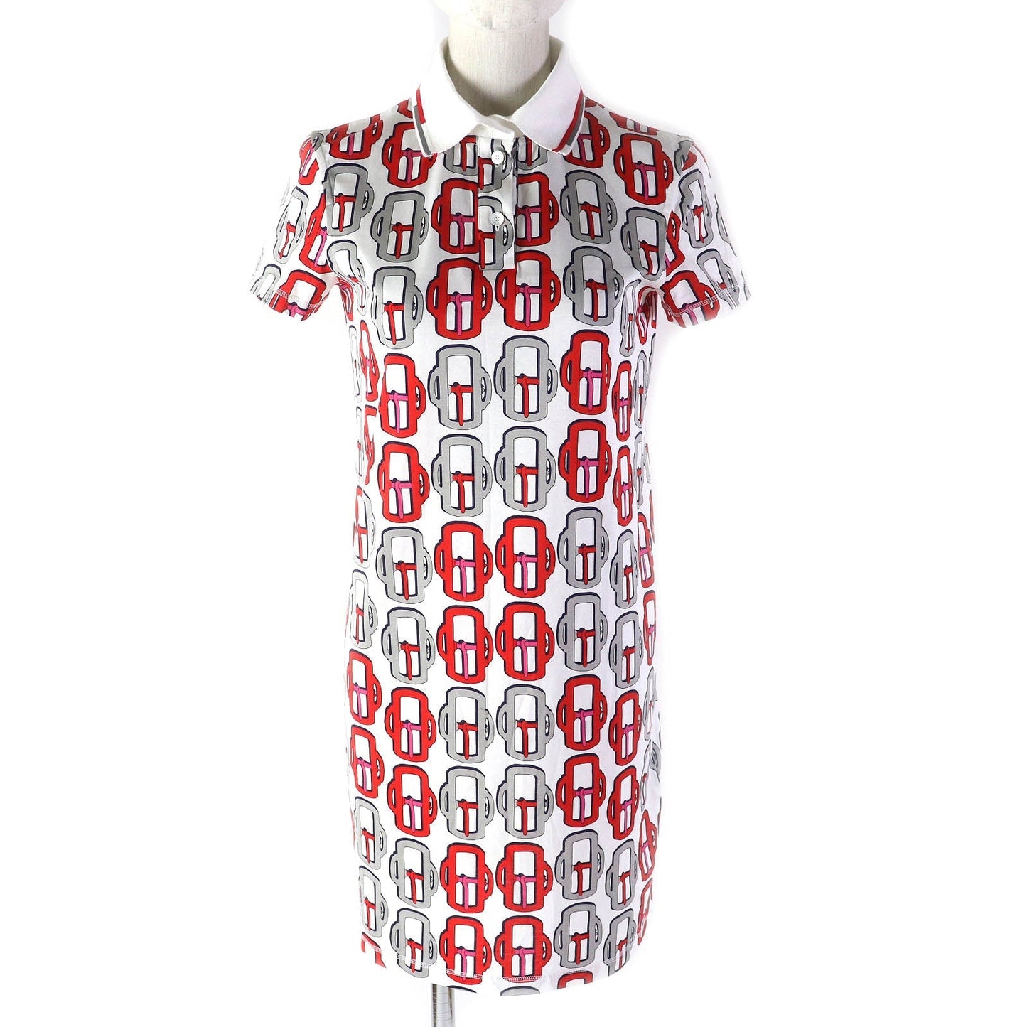 HERMES one piece cotton White Red Gray Navy BOUCLERIE MODERNE JERSEY Modern buckle 34