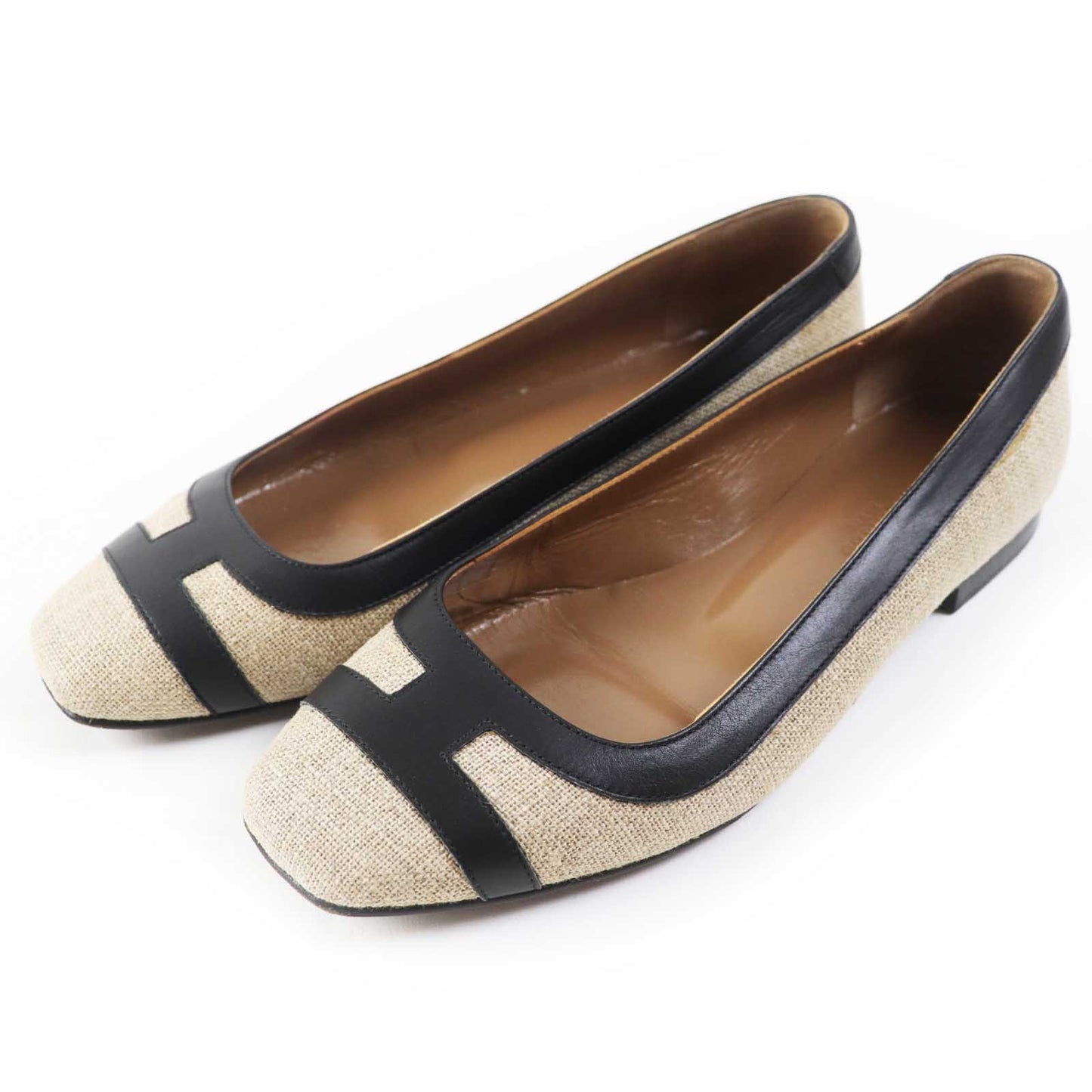 HERMES pumps canvas Beige black 35