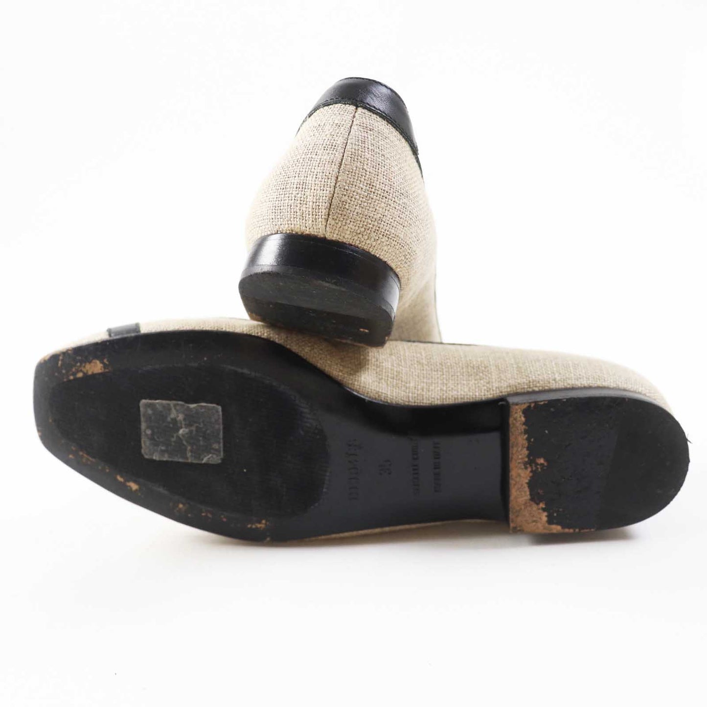 HERMES pumps canvas Beige black 35