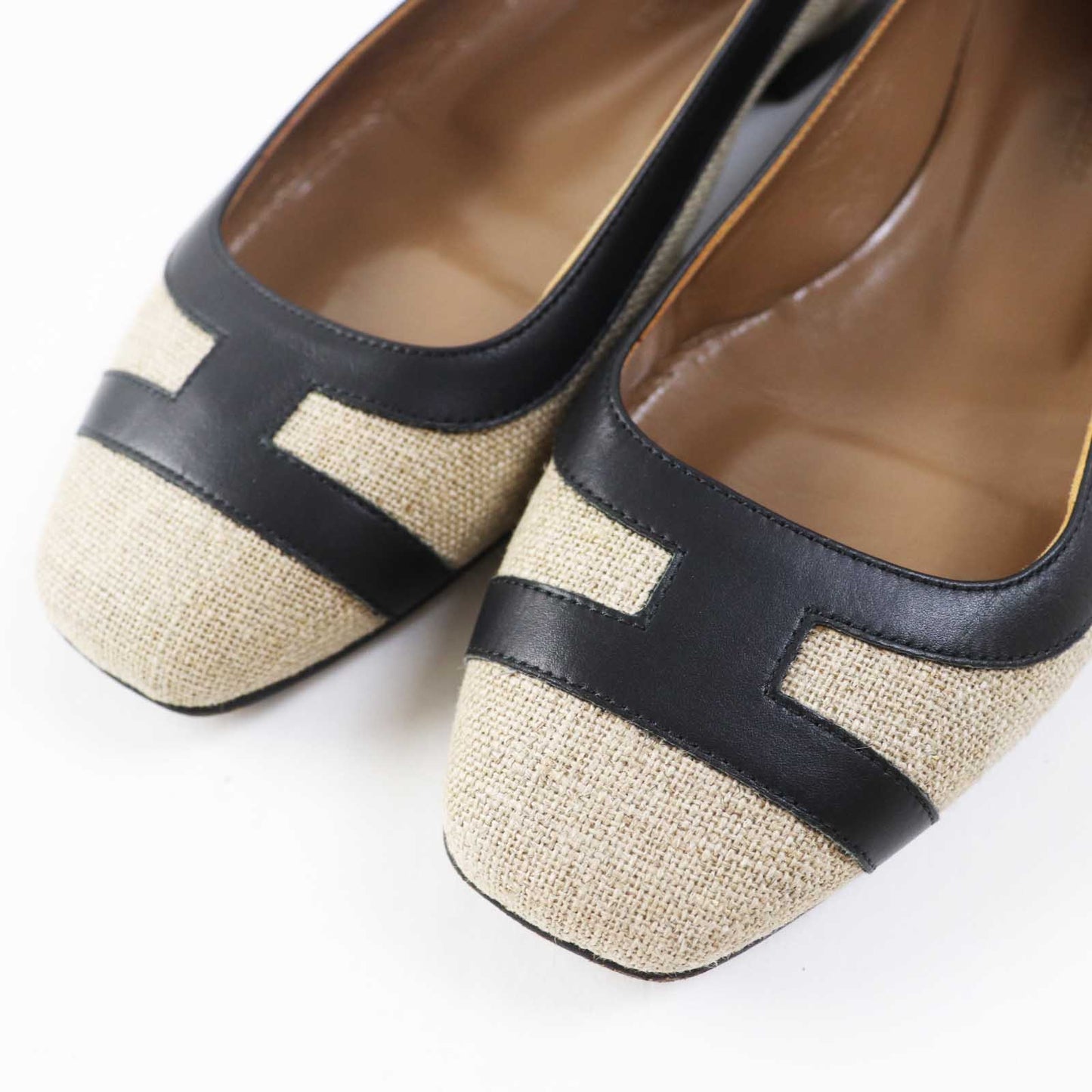 HERMES pumps canvas Beige black 35