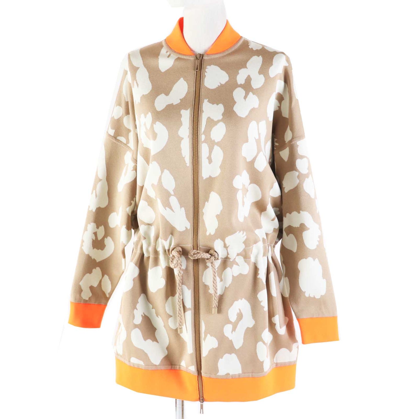 HERMES 2H2816DR Main: 100% silk, knit: 51% silk, 37% polyester, 7% nylon, 5% polyurethane, rib: 69% polyester, 18% nylon, 13% polyurethane, string: 58% silk, 42% polyester Beige Neon Orange JUNGLE LOVE Women 34 Used