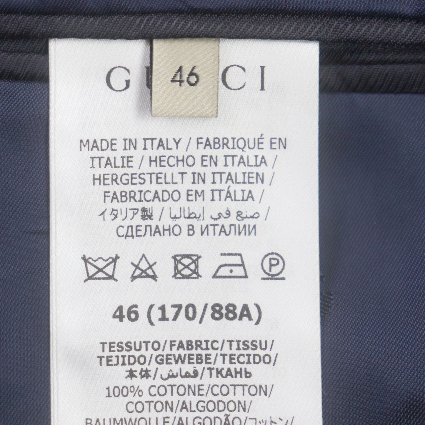 GUCCI tailored jacket 751155 Main: 100% cotton, Lining: 100% rayon, Parts: 100% rayon, Applique: 35% acrylic, 35% alpaca, 30% polyester Navy Cotton formal jacket with Web stripe detail mens 46 Used