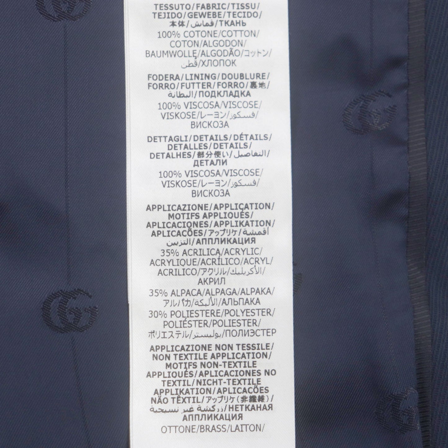 GUCCI tailored jacket 751155 Main: 100% cotton, Lining: 100% rayon, Parts: 100% rayon, Applique: 35% acrylic, 35% alpaca, 30% polyester Navy Cotton formal jacket with Web stripe detail mens 46 Used