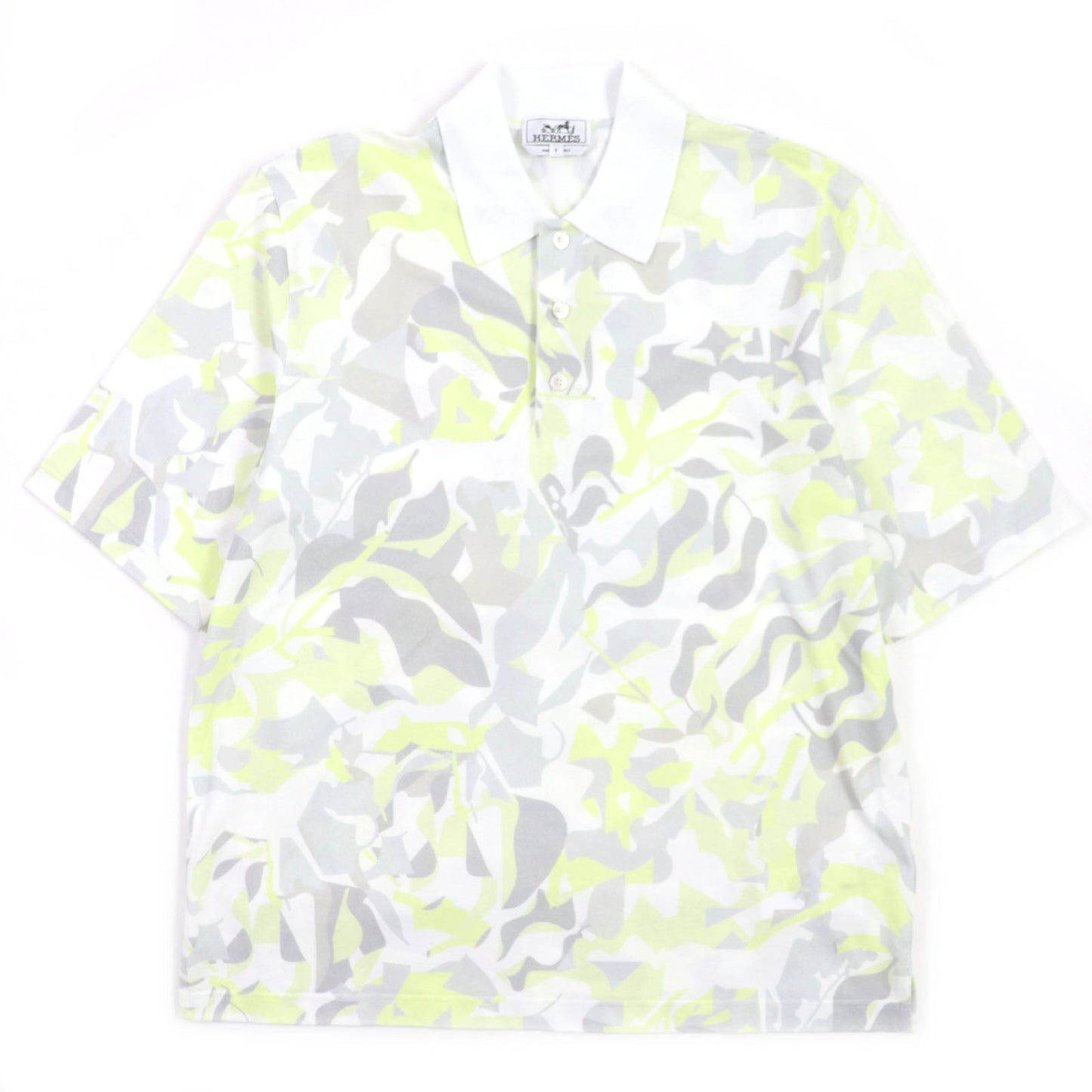 HERMES Short sleeve polo shirt cotton White Gray Yellow Panel Vegetal S
