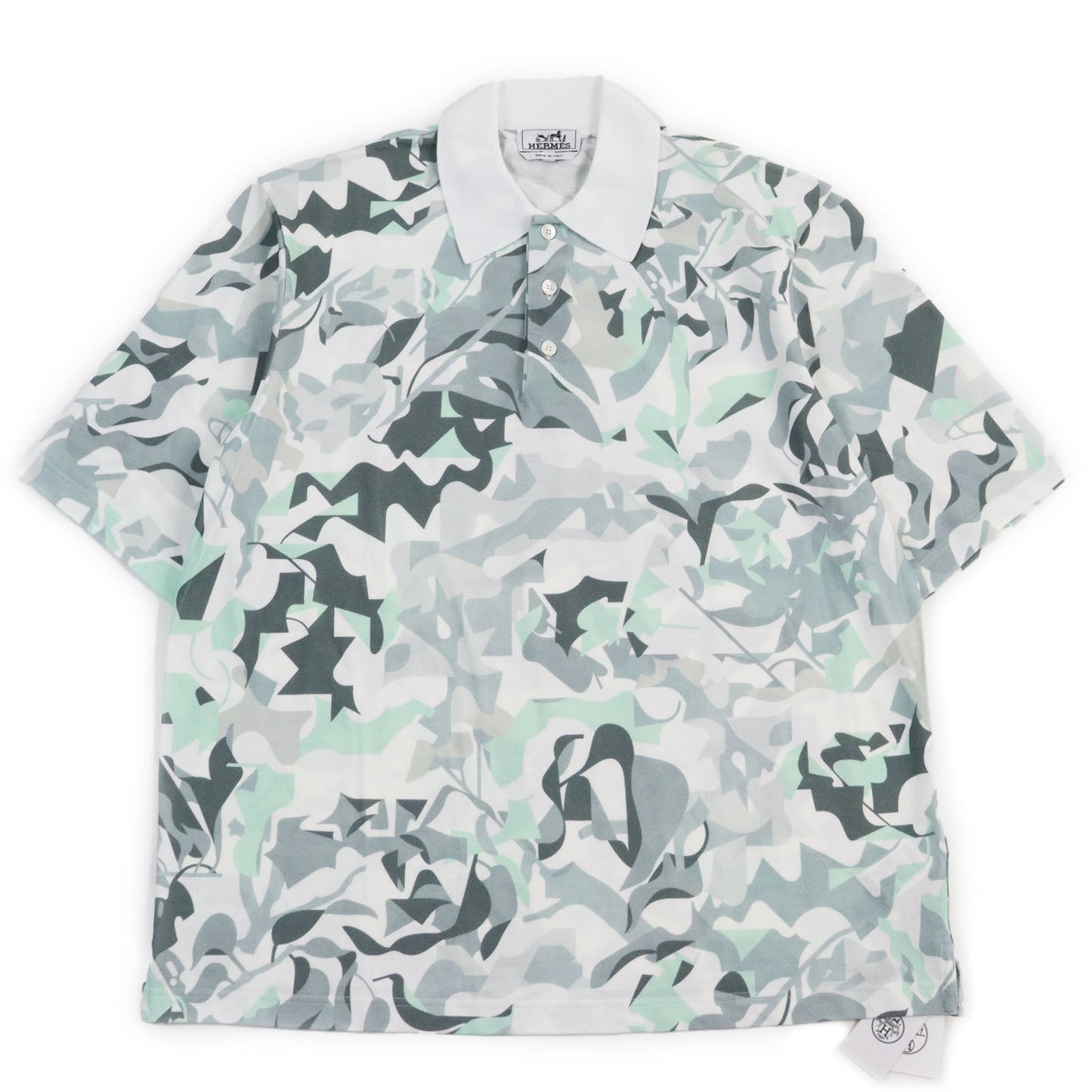 HERMES Short sleeve polo shirt cotton Gray Blue Puzzle Vegetal L