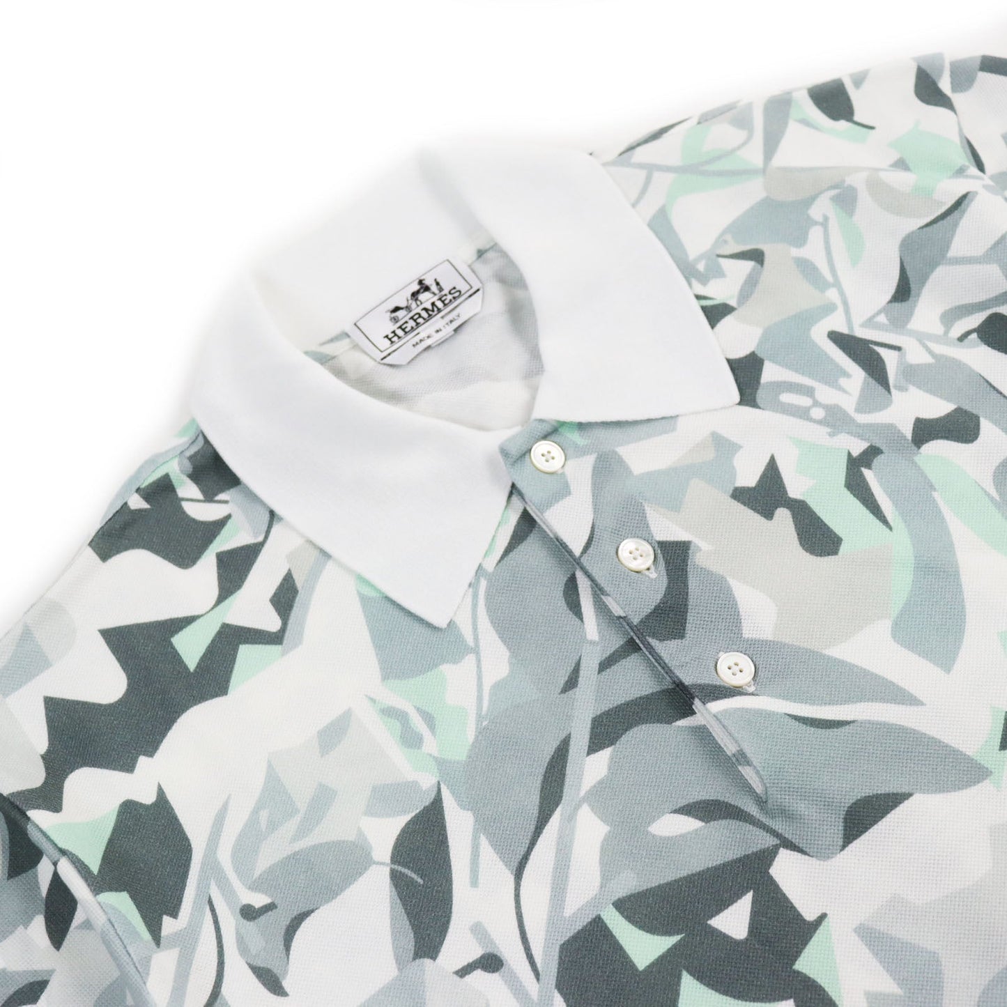HERMES Short sleeve polo shirt cotton Gray Blue Puzzle Vegetal L