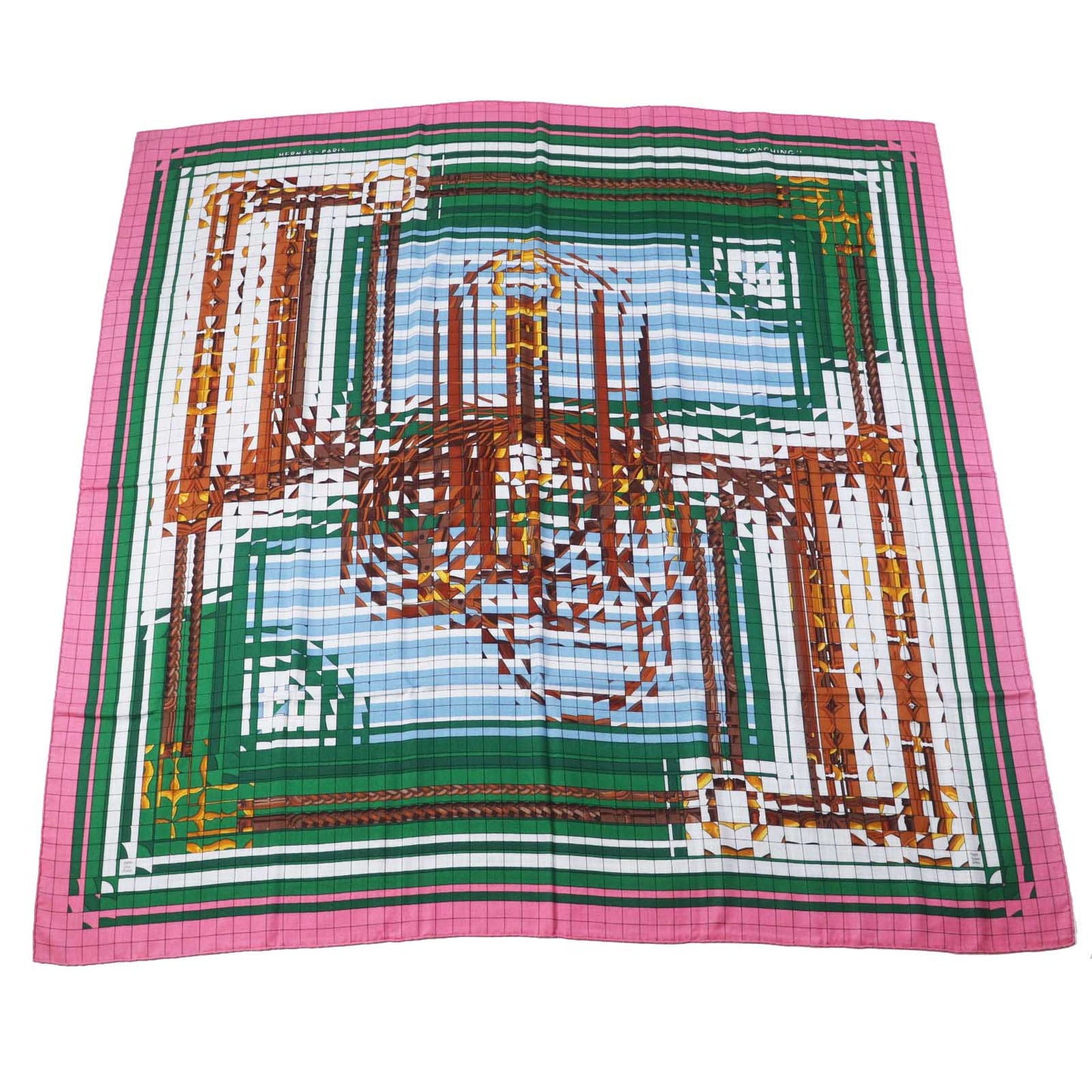 HERMES scarf silk Rose Bonbon/Emerald Carre140 Caregean coaching deja vu