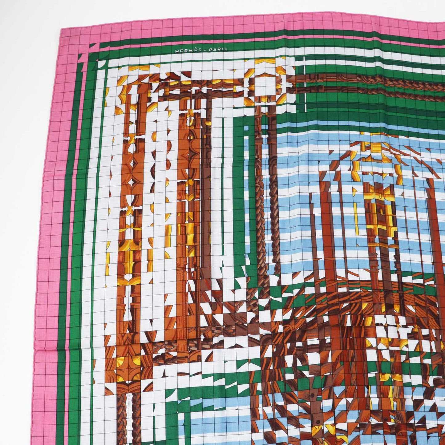 HERMES scarf silk Rose Bonbon/Emerald Carre140 Caregean coaching deja vu