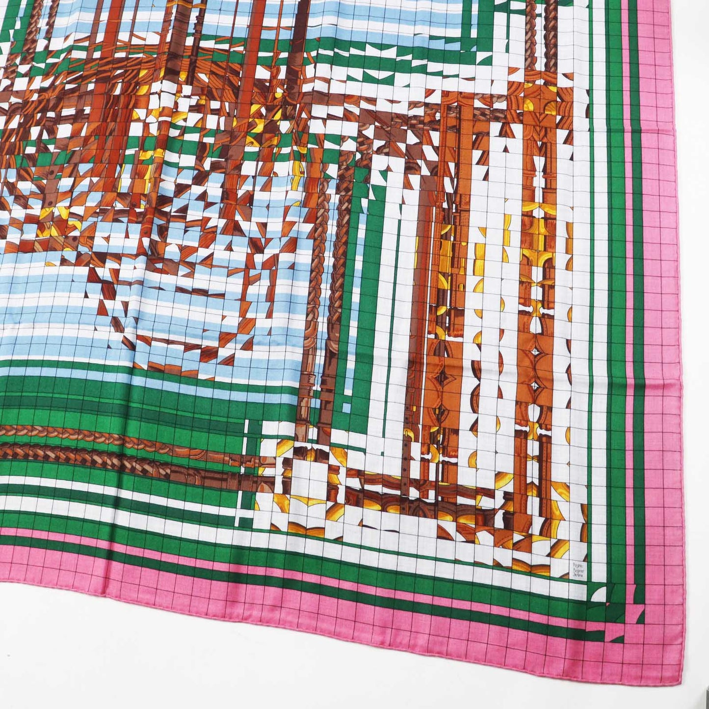 HERMES scarf silk Rose Bonbon/Emerald Carre140 Caregean coaching deja vu