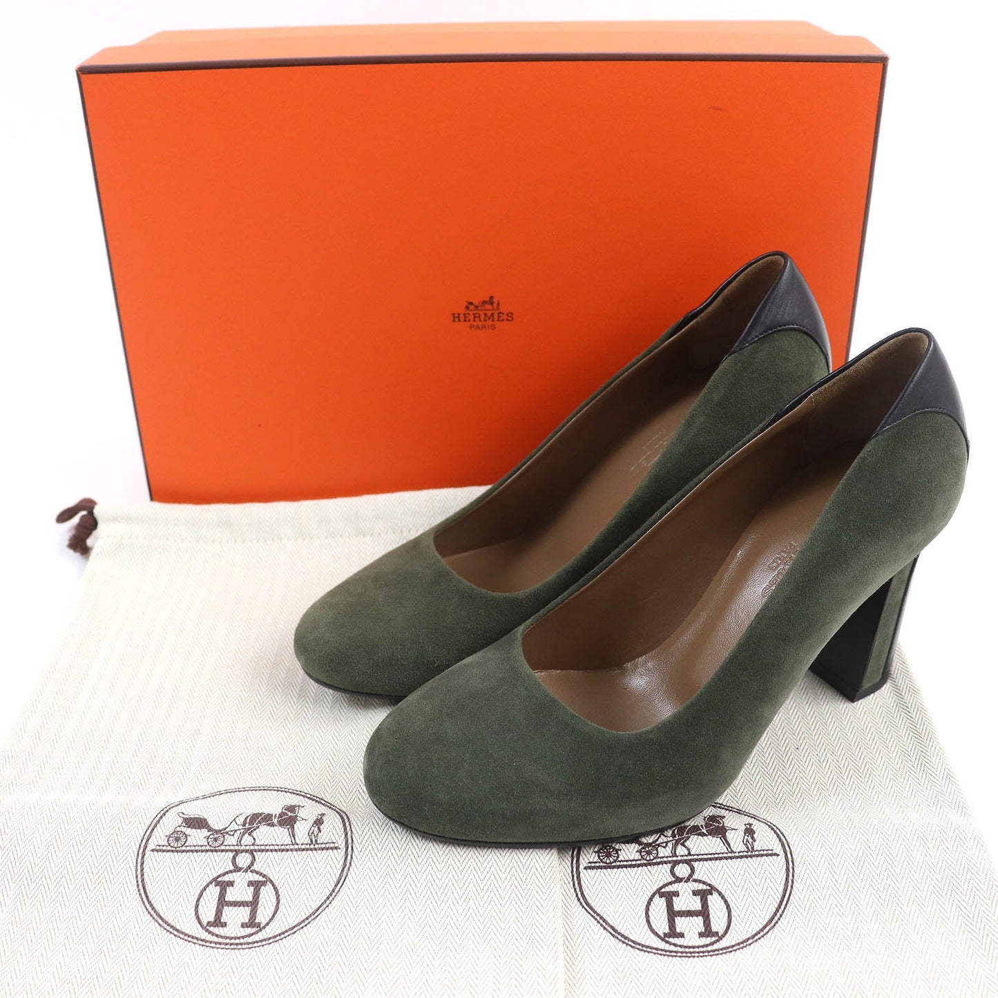 HERMES pumps Suede leather Khaki black 36