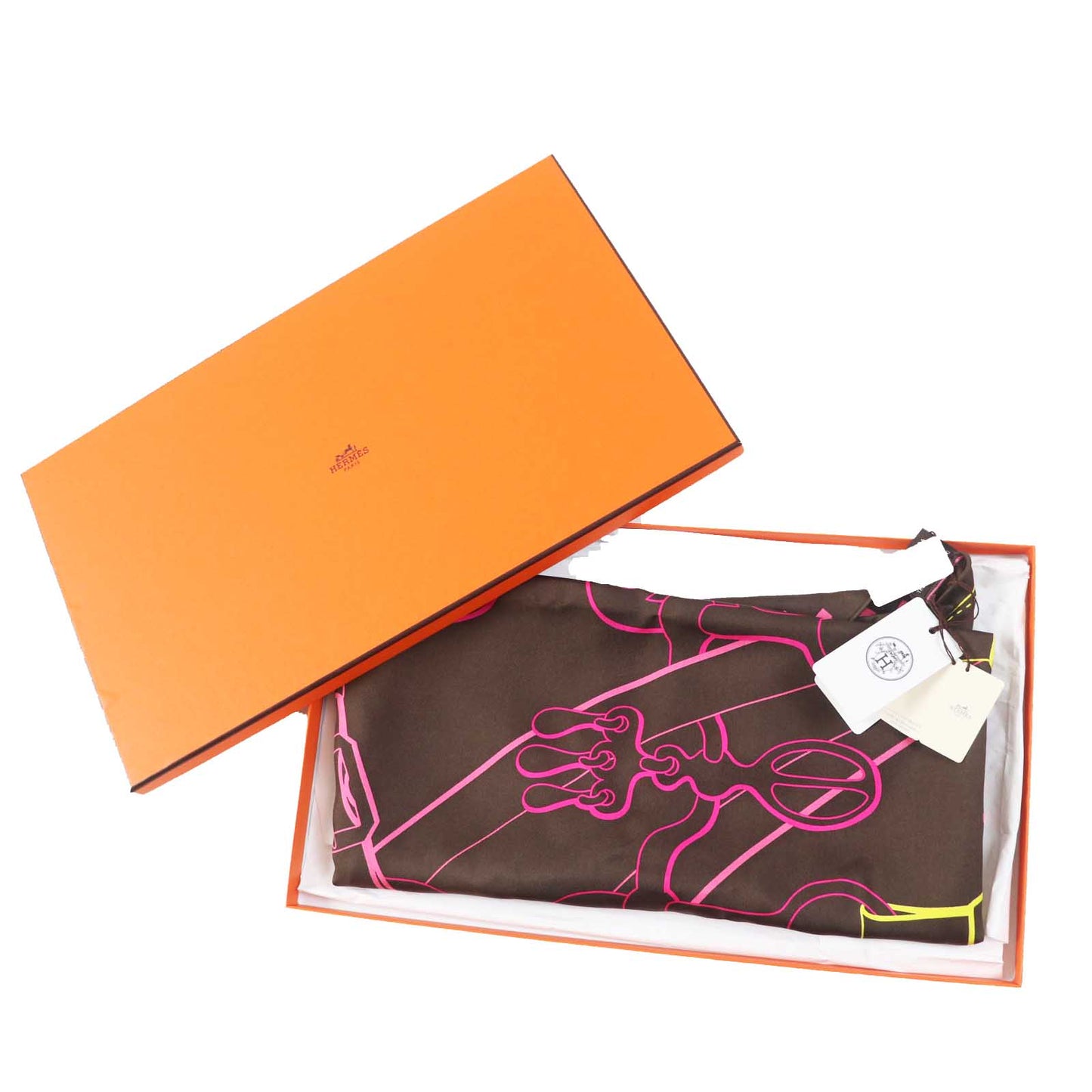 HERMES Stall H571828S silk Maron/Jaune POINTE TWILL Morning walk