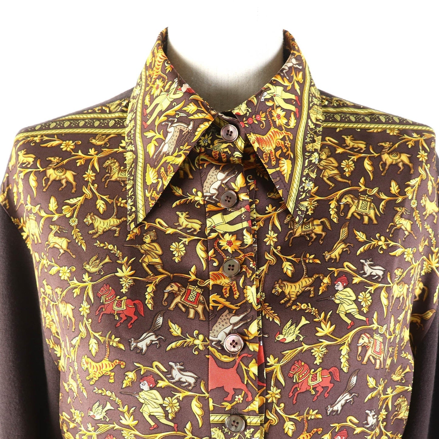 HERMES tops silk Dark Brown Yellow S