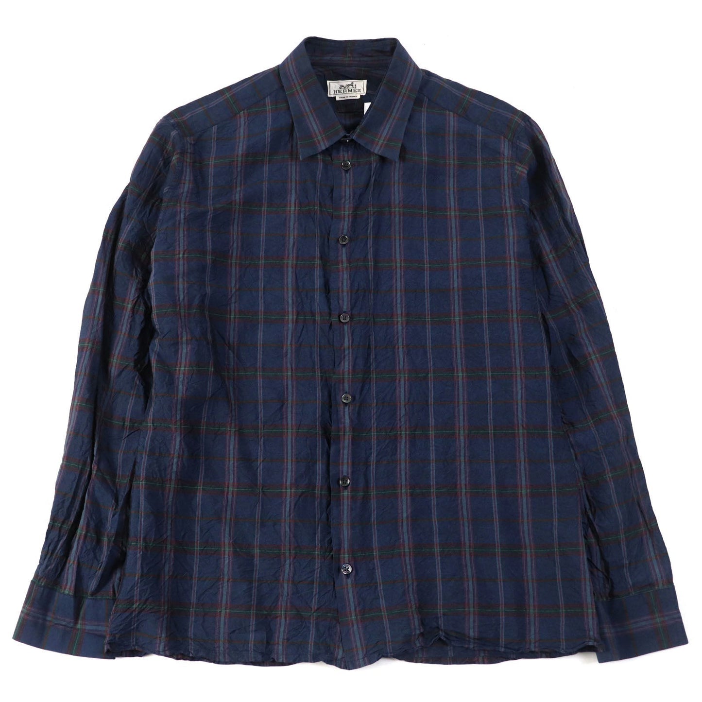 HERMES Long sleeve shirt silk Navy type Check Pattern