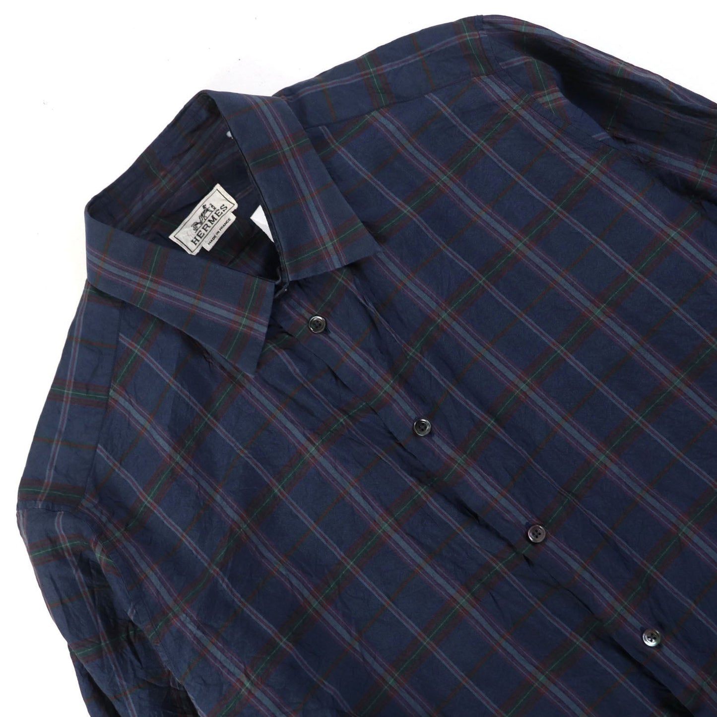 HERMES Long sleeve shirt silk Navy type Check Pattern