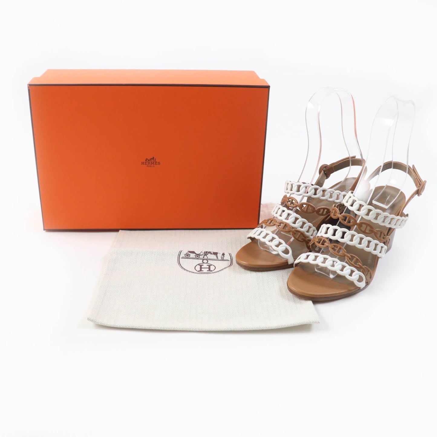 HERMES Sandals 181096Z leather Brown white Romanzo 38