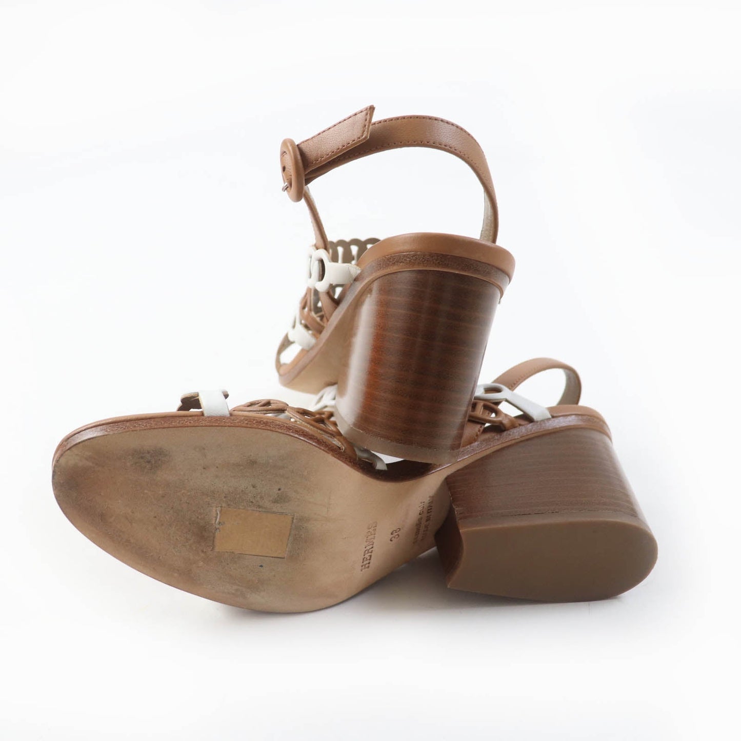 HERMES Sandals 181096Z leather Brown white Romanzo 38