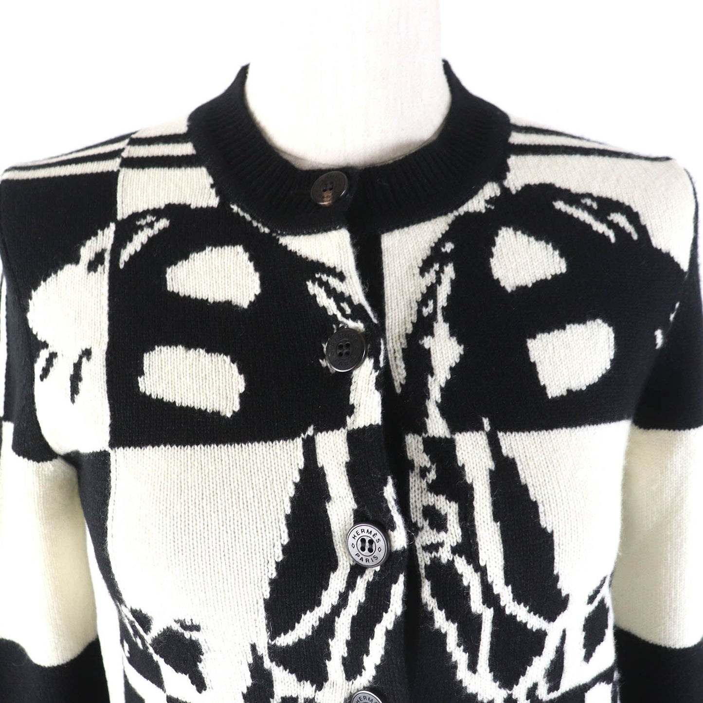 HERMES cardigan cashmere Black White 34