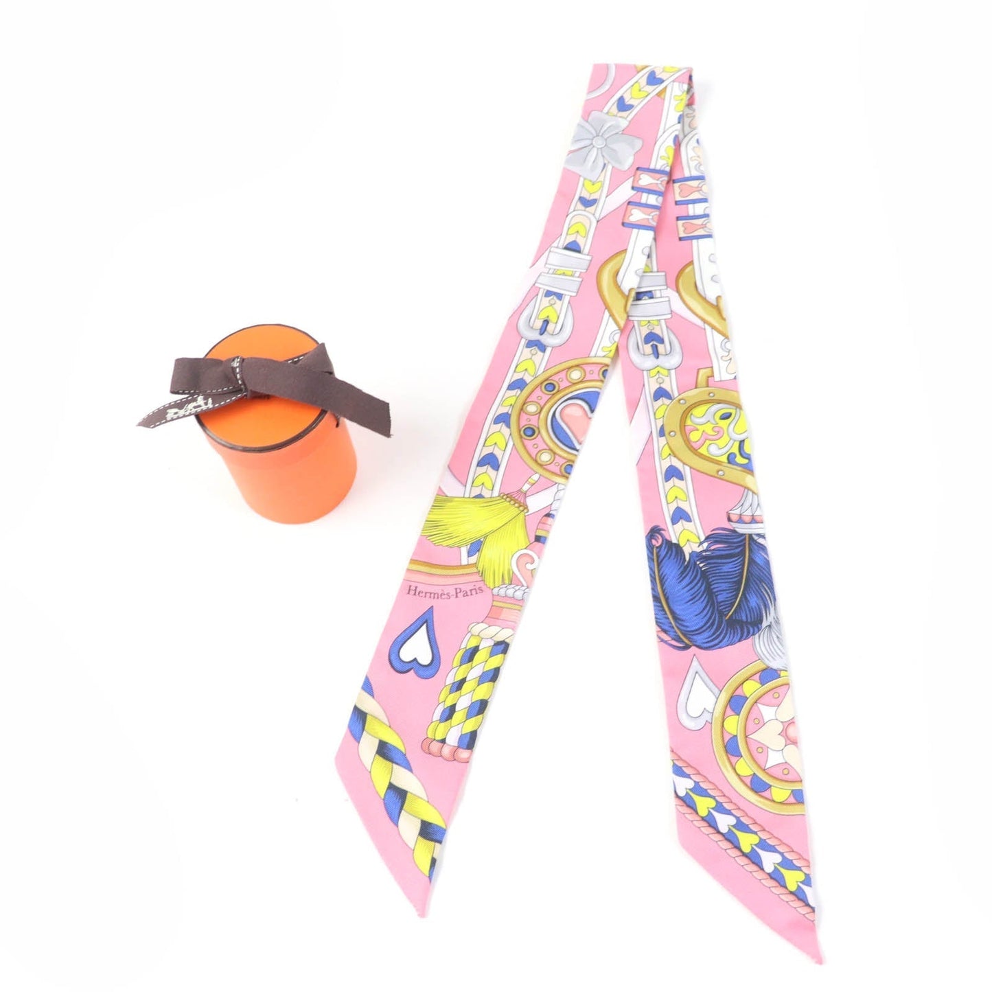 HERMES scarf silk Rose Bonbon/Blue Vif/White Twilly Arne de Coeur